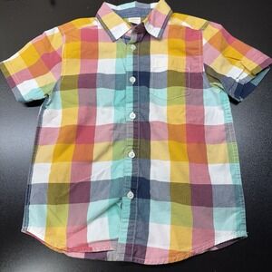 Gymboree Boys Rock Yellow Blue Magenta Checkered Shirt Size S 5/6 Short Sleeve